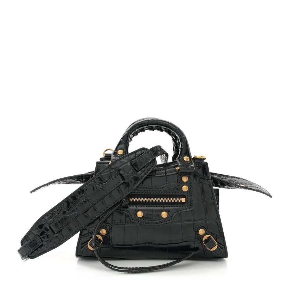 Shiny Supple Calfskin Crocodile Embossed Neo Classic Gold Hardware Nano City